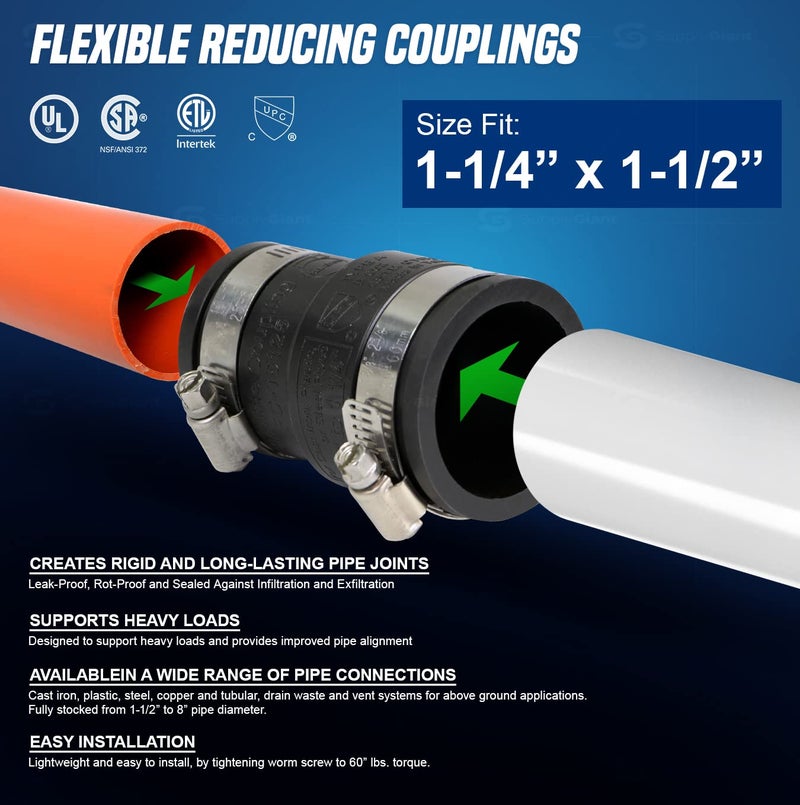SUPPLYGIANT Supply Giant 6I4Jx2 Flexible Pvc Reducing Coupling with Stainless Steel Clamps 1-1/2 x 1-1/4 inch Black (pack of 2) - Image 3